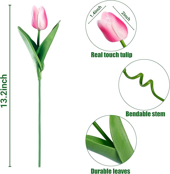 Sggvecsy 30 Pcs Fake Tulips Artificial Flowers Real Touch PU Faux Flowers Tulip Stems for Wedding Spring Bouquet Floral Arrangement Home Party Office Decorations for Mother's Day (Rose Pink)