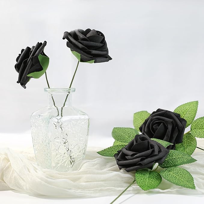 Meldel Artificial Flower 25pcs Real Touch Black Rose Fake Foam Roses with Stems for DIY Wedding Bouquets Gifts Bridal Shower Faux Floral Centerpieces Arrangements Home Party Tables Decorations