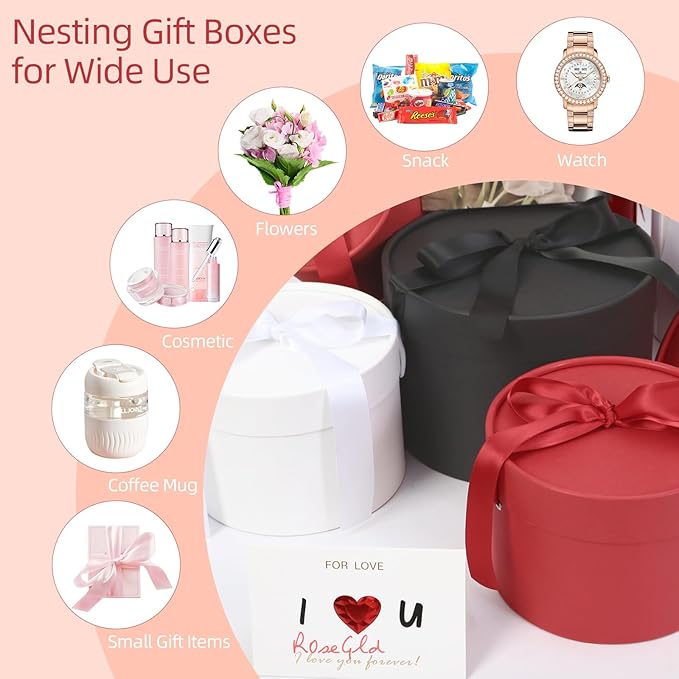 ROSEGLD Round Gift Boxes with Lids Set of 4, Luxury Gift Boxes with Ribbons Assorted Sizes, Nesting Gifts Boxes for Flowers Arrangements, Bridesmaid, Proposal, Wedding, Birthday, Party (Matte Black)