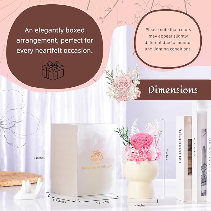 Preserved Floral Gift Set, Everlasting Rose in Small Ceramic Pot - Lasting Beauty for Home Table Decor, Mother's Day, Valentine's Day, Birthday, and Anniversary (Pink)