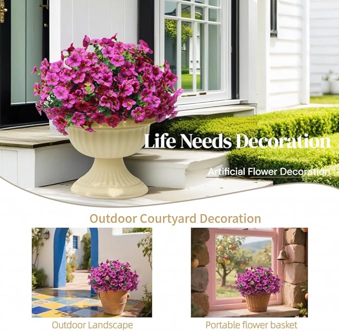 12 Bundles Artificial Flowers for Outdoor, UV Resistant Faux Mums with Eucalyptus Leaves Fake Plants for Outdoor Planters Greenery Boxwood Porch Patio Decoration