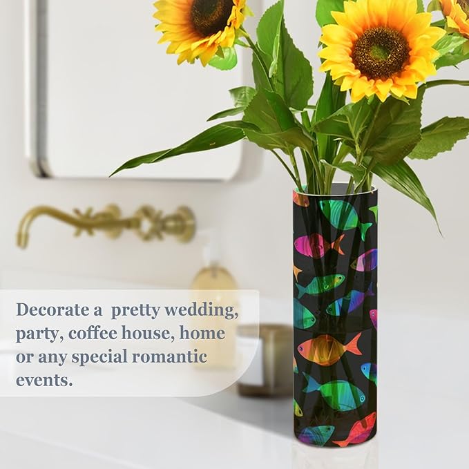 Flower Vase Clear Plastic Cylinder Vases Decor for Centerpieces Home Storage Office Weddings Geometric Colorful Fish 11.8 x 3.9 in