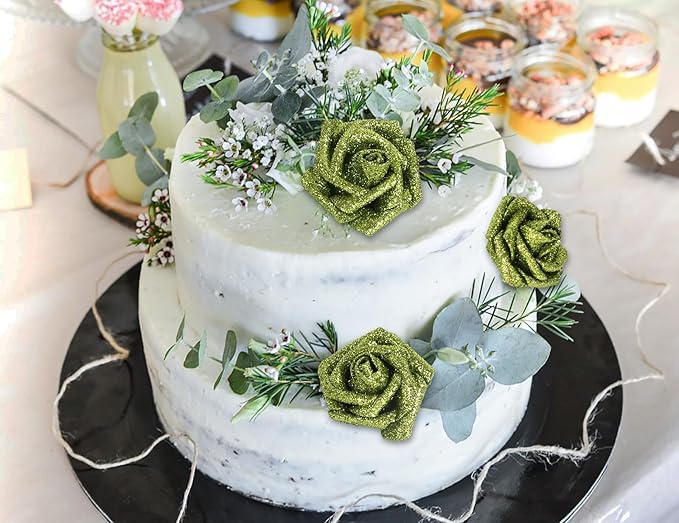 IPOPU Glitter Flowers, 25pcs Glitter Roses Green Foam Flowers Foam Roses with Stems for DIY Wedding Bridal Bouquet Home Party Decoration(Green)