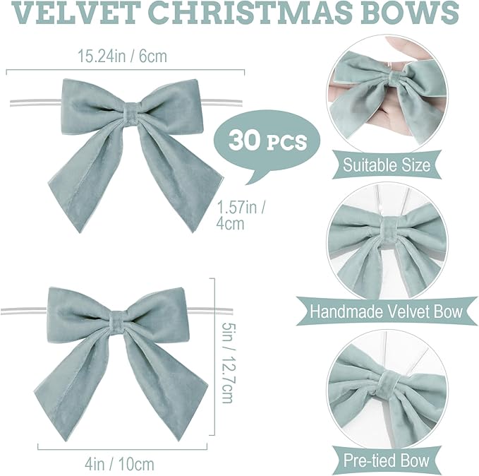 30 Pcs Velvet Ribbon Bows 5" x 4" Pre Tied Christmas Velvet Bows with Twist Tie for Gift Packaging Christmas Tree Wreaths Door Windows Wedding Party Decoration(Morandi Color)
