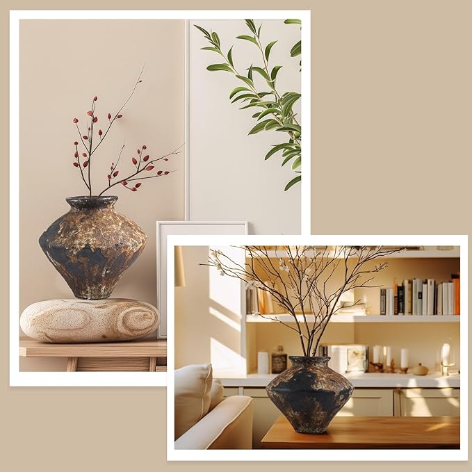 Wabi Sabi Style Ceramic Vase Brown Ceramic Rustic Vase for Wabi Sabi Style Decor Table Centerpiece, Home and Living Room Decoration, Shelf Decor, Mantel, Dinner Table Office Decorations