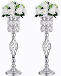 24in Metal Diamond Crystal Wedding Centerpiece Vases for Tables Set of 2, Silver Versatile Tall Flower Holders Centerpiece Flower Stands for Wedding Party Reception Home Décor