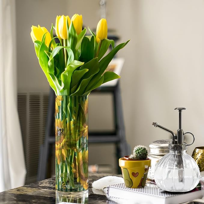 Flower Vase Clear Plastic Cylinder Vases Decor for Centerpieces Home Storage Office Weddings Green Striped Sunflowers and Honey Bees 11.8 x 3.9 in