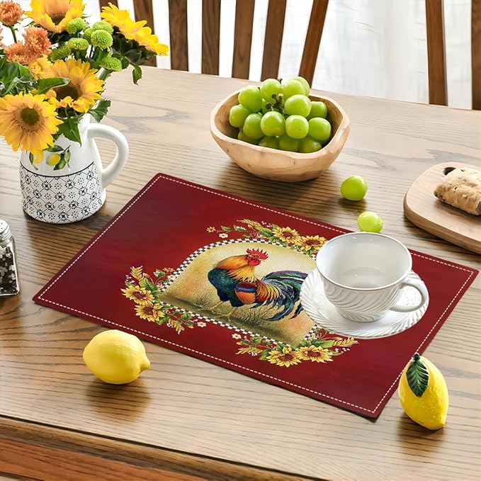 Rooster Sunflower Placemats Set of 6, Farmhouse Country Farm Chicken Animal Red Double-Sided Table Mats for Kitchen Dining Room Home Party Indoor Decor 6 PCS 12x18 Inch