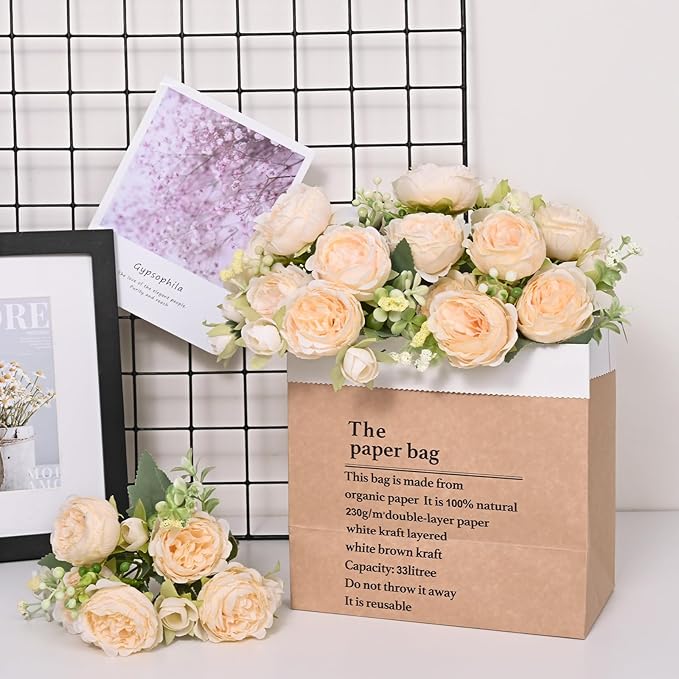 MARTINE MALL 8 Packs Peonies Artificial Flowers, Champagne Artificial Peonies, Silk Peonies Flowers Fake Peonies Artificial Flowers Peonies Bouquet for Centerpiece Table Wedding Party Home Decor