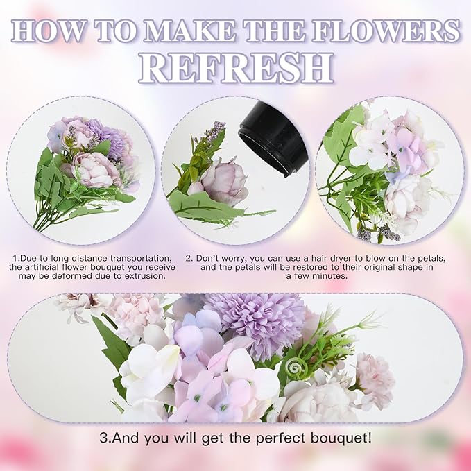 Nubry 3pcs Artificial Flowers Bouquet Fake Peony Silk Hydrangea Wildflowers Arrangements with Stems for Wedding Home Centerpieces Decor (Light Purple)