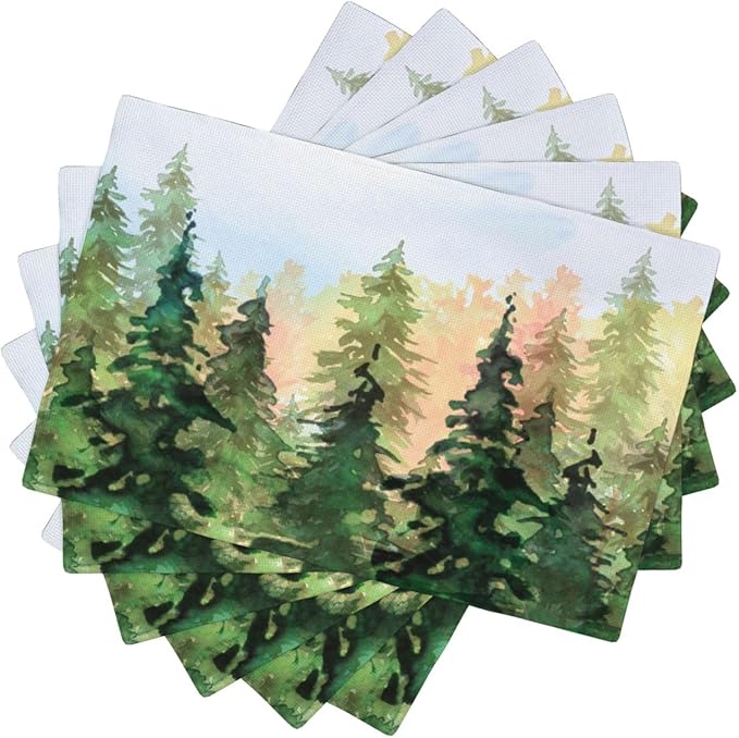 Green Forest Placemats Set of 6,Watercolor Tree Spring and Summer Kitchen Living Room Table Decor Dinner Mat 12x18 Inch 6 PCS, Style-8