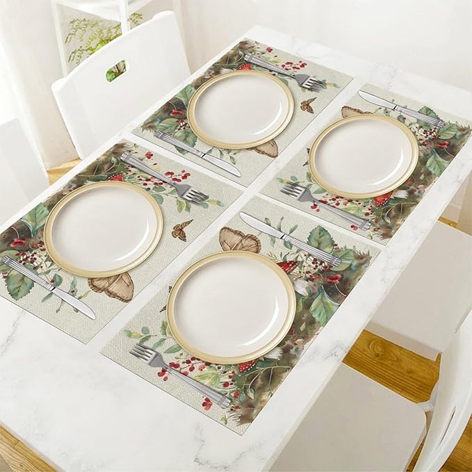 Mushroom Botanical Placemats Set of 4 Mushroom Plants Leaves Butterfly Place Mats Botanic Waterproof Washable Table Mats Kitchen Dining Decoration 4 PCS