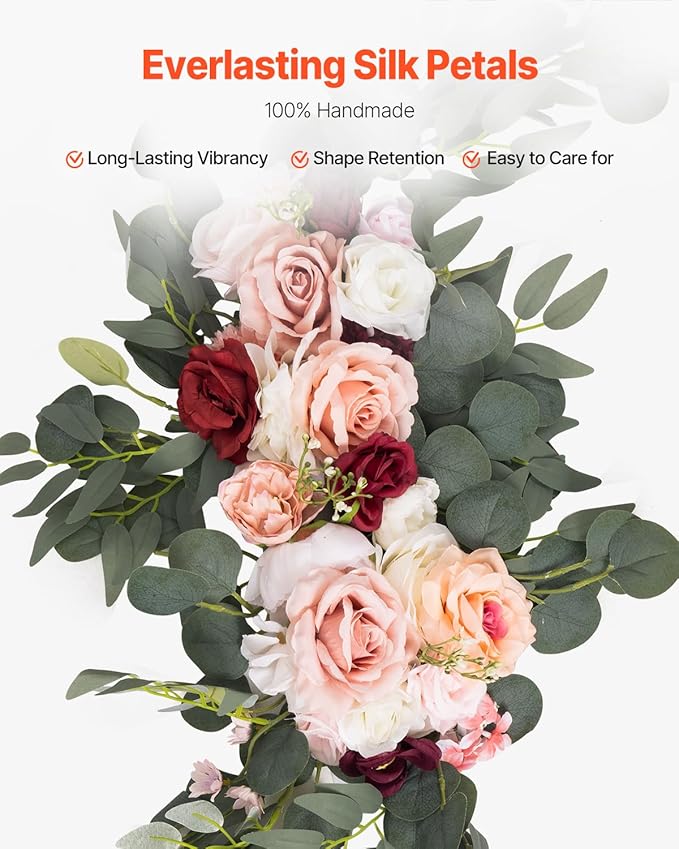 VEVOR Artificial Wedding Arch Flowers Kit, Pink Wedding Arch Flowers with Drapes Kit (Pack of 5) - 2 Pcs Floral Arrangement, 3 Pcs Sheer Drapes, for Ceremony Bouquets Reception Backdrop Decoration
