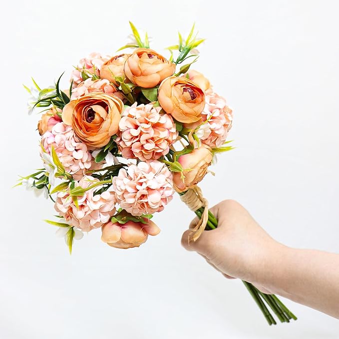 Zerzsy Artificial Flowers Bouquets, Mixed Orange Artificial Peonies, Fake Flowers Bride Holding Flower Faux Floral for Wedding Bridal Bouquet Home Table Centerpiece Floral Decoration