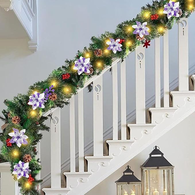 24 Pcs Purple Boxed Christmas Poinsettia Flowers Set, 16 Pcs Artificial Poinsettias with Clips, 8 pcs Glitter Christmas Tree Ornaments Berry Stems for Wedding Home Holiday Xmas New Year Decorations