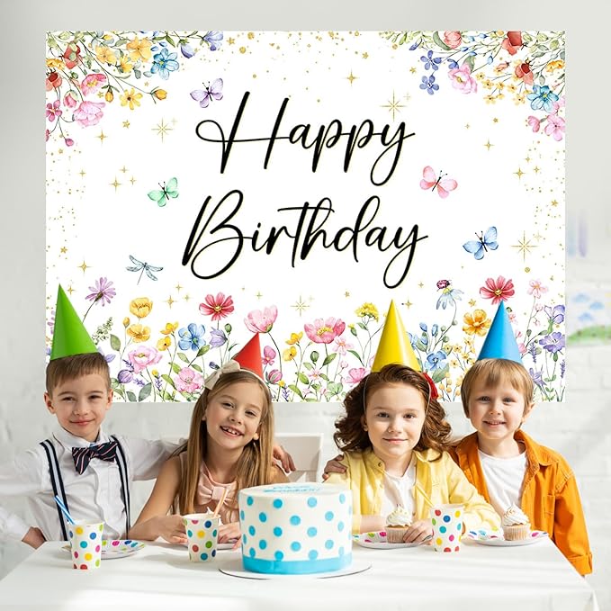 Mocsicka Wildflower Birthday Backdrop Decorations Girls Spring Garden Floral Photo Background Butterfly Wildflower Birthday Party Decorations