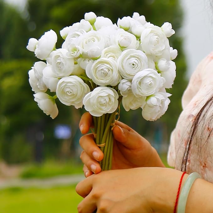 24 Pcs Ranunculus Artificial Flowers 10.5", Mini Faux Silk Ranunculus with Stem, Fake Flowers for Home Decor Indoor Wedding Bouquets Centerpieces (White)