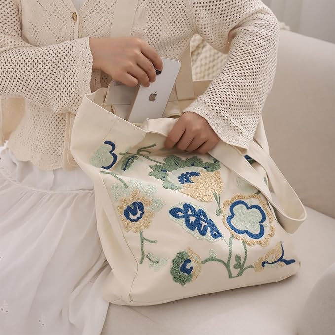 Aesthetic Embroidery Tote Bag for Lady Cute Reusable Canvas Shoulder Bag for Girls Women Shopping Grocery