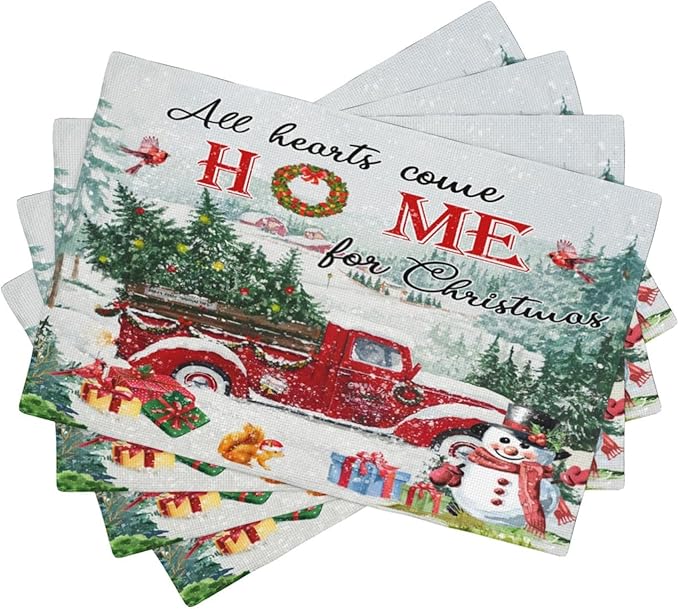 Merry Christmas Placemats Buffalo Plaid Red Truck with Christmas Tree, Winter Snowy Snowflake Snowman Placemats Table Kitchen Dining Party 12x18 Inch Set of 6