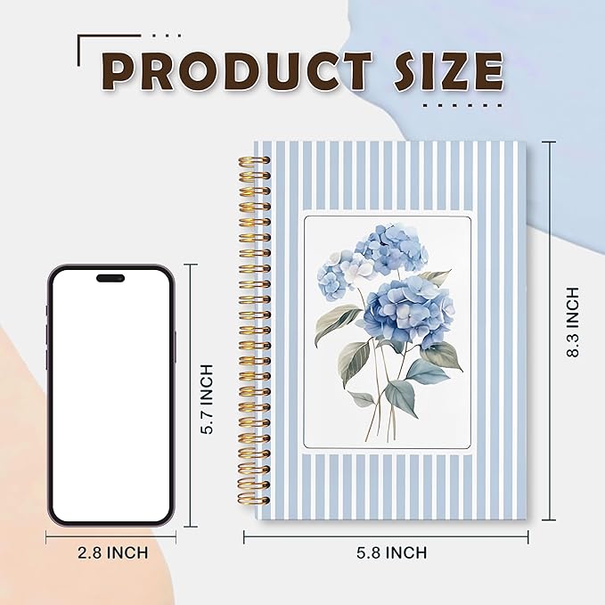 VIIJJUE Blue Hydrangea Stripe Notebook Journal, Hydrangea Gifts, Blue Notebook Office Supplies, Hardcover Spiral Journal 5.5x8.3 Inch