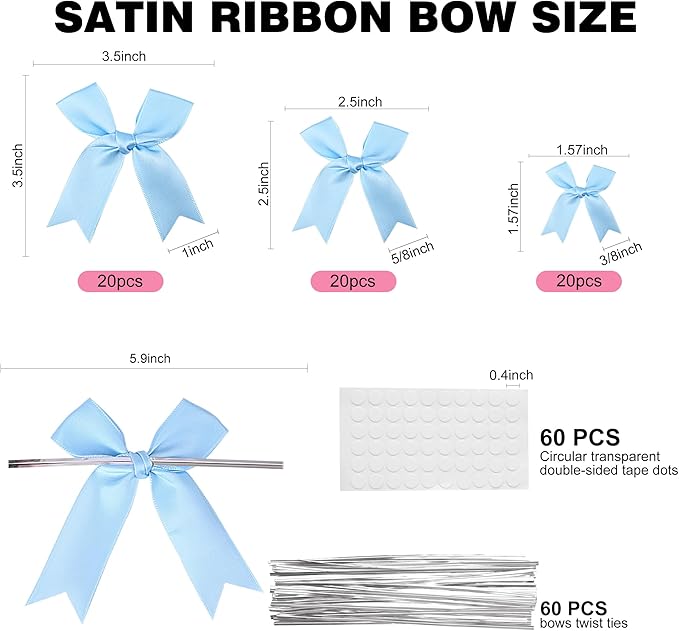 Oubest Blue Bows for Gift Wrapping, 60 PCS 1.57", 2.5" & 3.5" Satin Ribbon Gift Wrap Bows with Twist Tie for Christmas,Birthdays,Baby Shower,Weddings,Crafts,Holiday Presents,Party Decorations, Blue