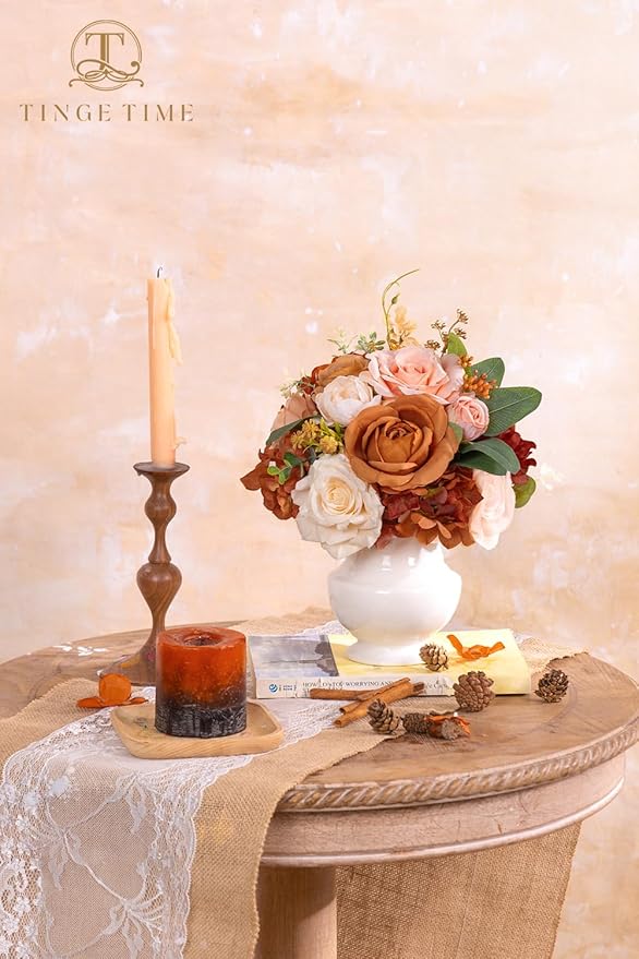 TINGE TIME Artificial 9 Inch Bridal Bouquet, Terracotta Flower Bouquet with Roses for Bride, Bridal Tossing Bouquet for Fall Wedding Ceremony Anniversary Bridal Showers Wedding Church Decoration
