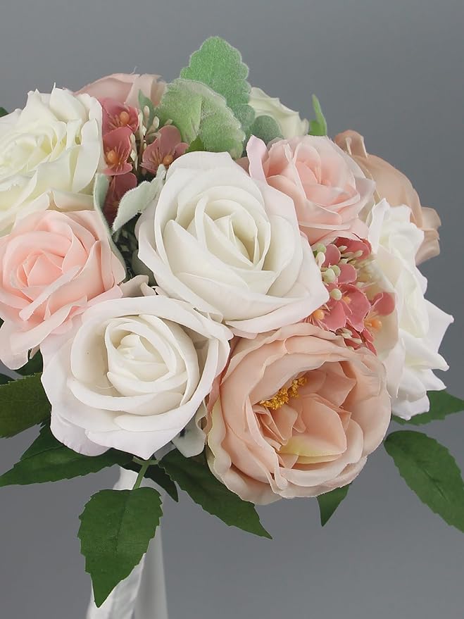 Rinlong Pink White Bridesmaids Bouquet Artificial Wedding Bouquets for Bridesmaid Silk Bouquet for Wedding Prom Homecoming