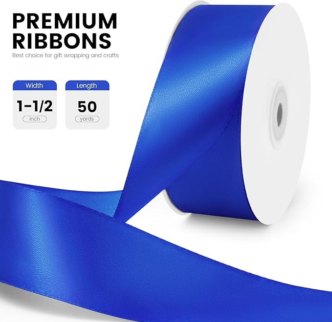 1-1/2" x 50 Yards Satin Ribbon - Roya Blue Silk Ribbon with Spool - Ideal for Gift Wrapping, Floral Bouquets, Crafts, Wedding Party Decorations, Christmas and Sewing Projects