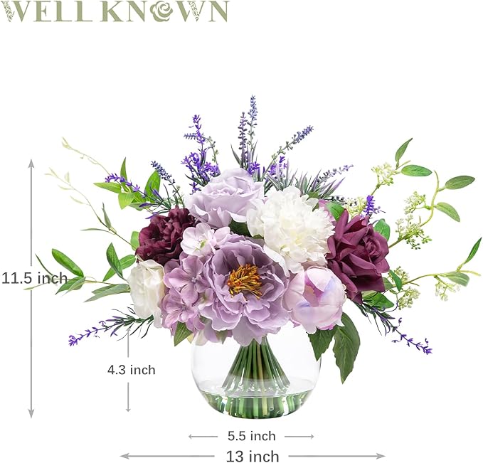 Artificial Flowers in Vase for Home Decor, Fake Lavender & Silk Peony Flower Bouquet Centerpieces in Glass Vase with Fake Water for Party Wedding Dinning Table Office Hotel Decor (Lavender Mixed Plus)