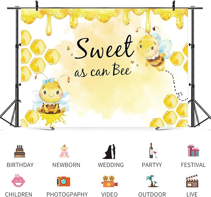 10x8ft Baby Shower Backdrop Sweet as Can Bee Photography Background Honeycomb Honey Yellow Bumblebee Boys Girls Kids Birthday Party Banner Decorations Newborn Gender Reveal Photo Booth Prop
