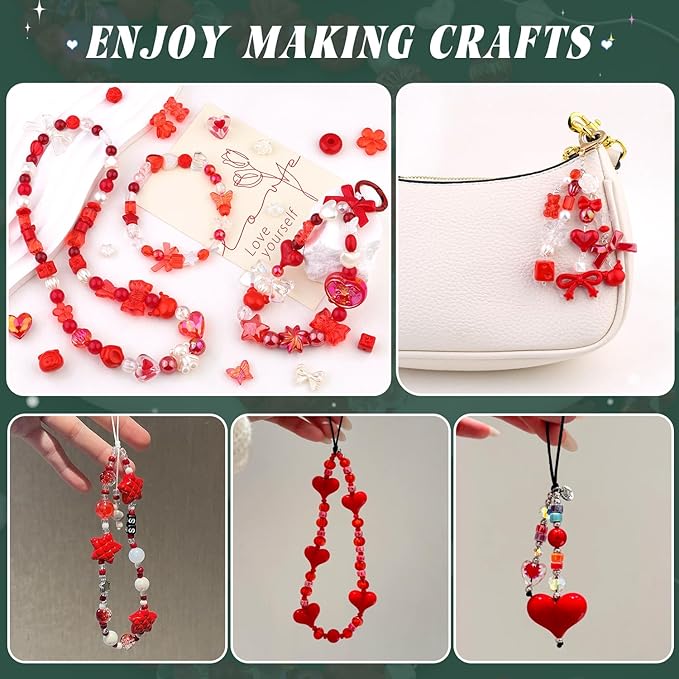 Assorted Acrylic Beads, 200-260PCS Red Cute Beads for Bracelet Making, GummyBear Bow Flower Candy Kawaii Charms for Jewelry Making DIY Necklace Keychain Phone Charm Christmas Gift
