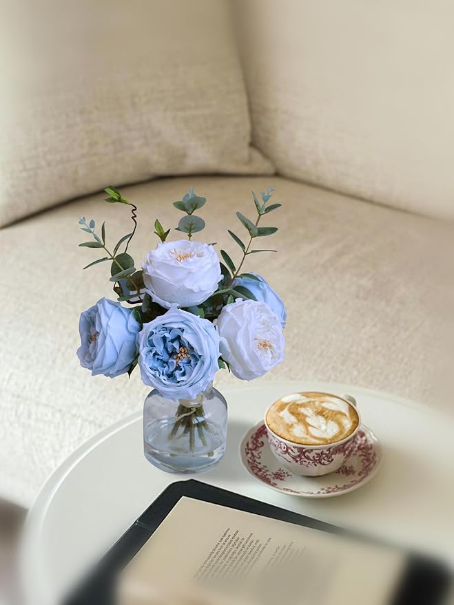 Forlaoers White Blue Roses Floral Artificial Flowers with Vase Silk Flower Arrangements in Fake Water Fake Flower Bouquet Centerpieces for Dining Center Table Decor Home Farmhouse Office Decorations