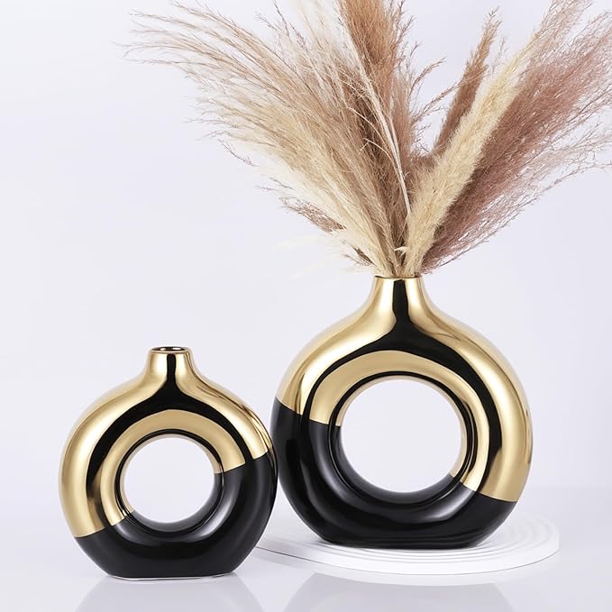 Black and Gold Vase Decor Donut Vase Set of 2 - Circle Hollow Vases, Modern Matte Ceramic Vases for Entryway Living Room Bedroom Dining Table Centerpiece Office Home Decor
