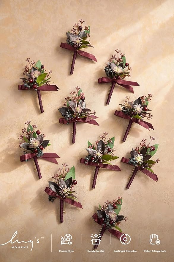 Ling's Moment Boutonniere for Men, 10pcs Groomsmen Guest Boutonniere, Artificial Flowers for Wedding Décor/Prom/Homecoming,etc.Black Baccara Burgundy