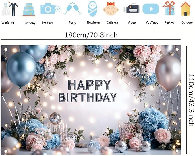Blue Pink Happy Birthday Backdrop Banner Floral Balloon Photography Background Elegant Birthday Decorations Party Supplies Photo Booth Props 71x43 Inch