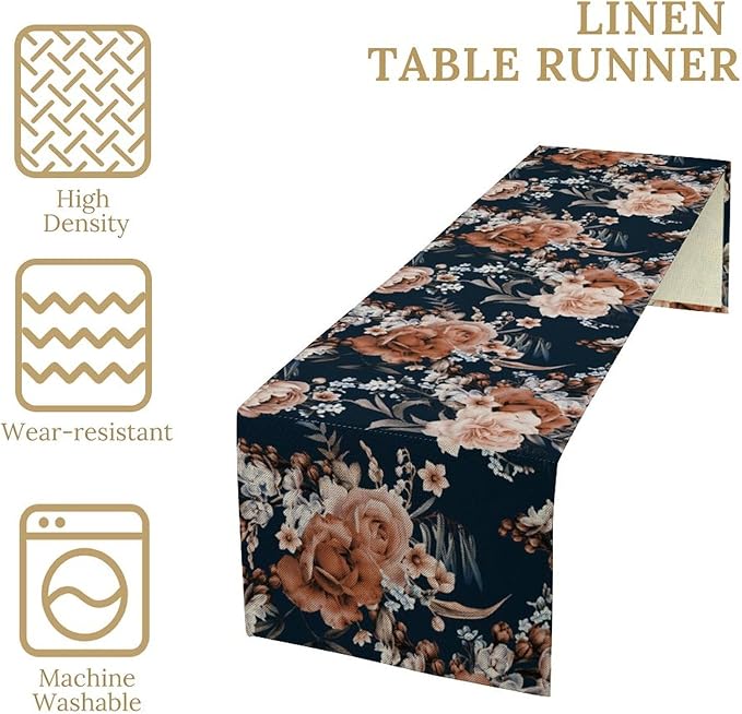 Vintage Flower Table Runner, Boho Black Dark Floral Plant Bohemian Watercolor Spring Garden Botanical Art Table Cover for Holiday Farmhouse Kitchen Dining Table Decor, 13x108inch