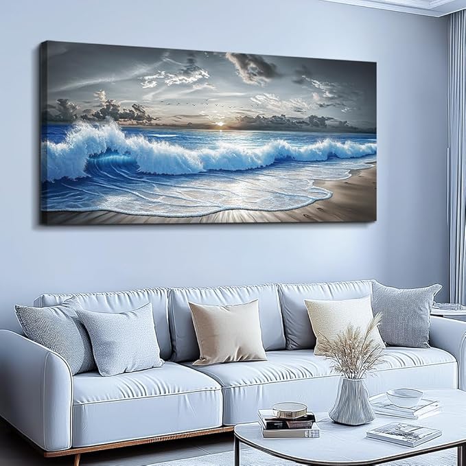 PHAOHUAXM Wall Decor For Living Room Wall Art For Bedroom Office Restaurant Decoration Black White And Blue Ocean Wave Landscape Painting Canvas Pictures Printing Artworks Modern Home Decor 20"X40"