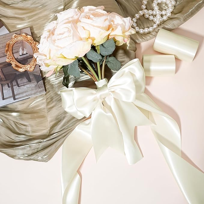 LaRibbons Ivory Satin Ribbon 3 Inch x 10 Yards Double Faced Luxury Silk Ribbon for Christmas Gift Wrapping, Holiday Bows, Christmas Wreath Sash Wedding Decorations and Party Crafts