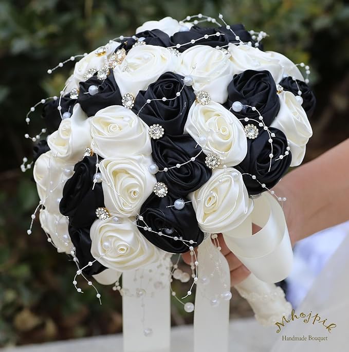 Bridal Wedding Bouquet Round Bling Brooch Bouquet Throw Toss Artificial Rose Flower Bunch for Bride Bridesmaid Wedding Quinceanera(Black & Ivory, 9.8")