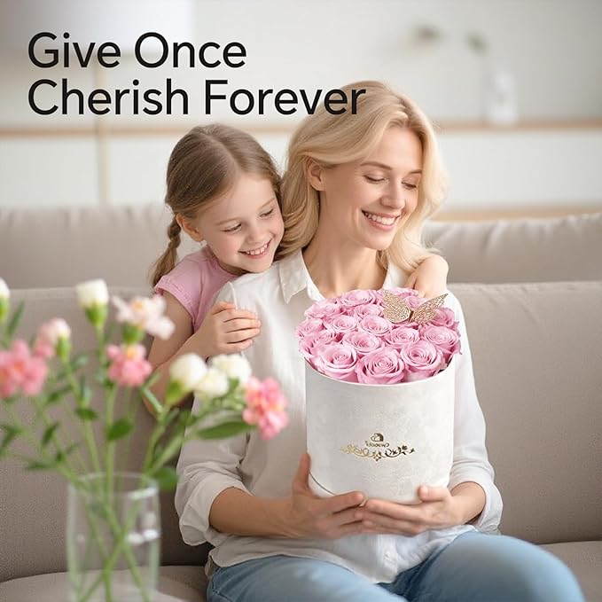 16 Pink Preserved Flowers in Round Gift Box, Forever Flowers Eternal Roses for Mother's Day, Birthday, Anniversary, Valentine's Day Gifts for Women Light Pink