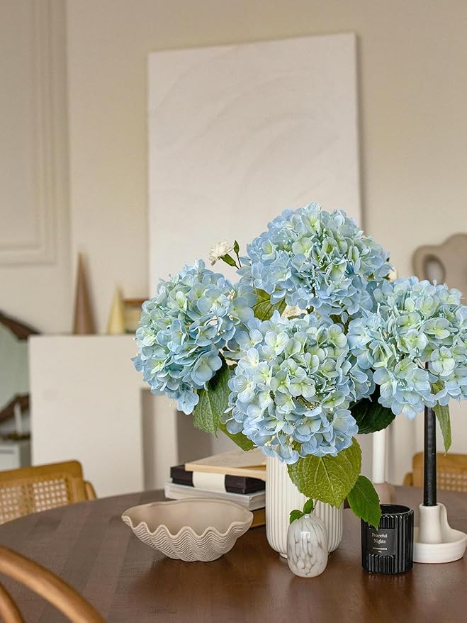 4 Pcs 20'' Real Touch Hydrangeas Light Blue Artificial Hydrangeas Flowers Faux Latex Hydrangea for Kitchen Living Room Porch Home Decor Baby Shower Party Wedding Table Centerpiece
