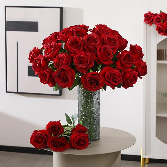 50PCS Artificial Silk Roses in Bulk & Bouquet Long Stem – Realistic Fake Roses for Wedding Centerpieces, Home Decor, Floral Arrangements, Party Decoration (Burgundy)