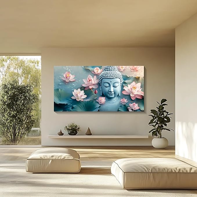 Iallbin Buddha Wall Art & Zen Wall Decor, White Lotus on Water Canvas Painting - for Yoga Meditation Room, Spa & Bathroom, Blue Art Deco Style, 58x29 Inches