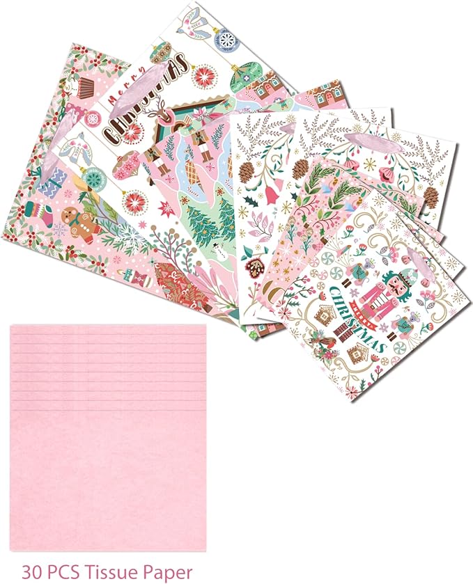 qiqee 10PCS Christmas White Gift Bags with Pink Polar Bear Design(2PCS Large 5.5"x10.2"x13", 4PCS Medium 4.3"x 7.7"x 9.6", 4PCS Small 2.4"x 4.7"x 6.3", 30PCS Tissue Paper included)