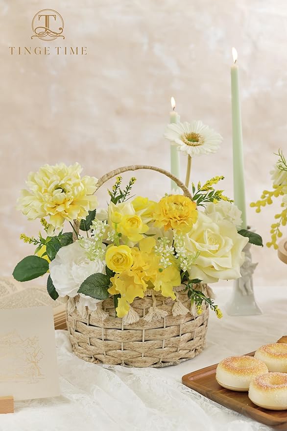 TINGE TIME Artificial Flowers Combo Mix Silk Flowers Yellow Roses w/stem for DIY Wedding Bridal Bouquets Baby Shower Floral Arrangement Table Centerpieces Home Decorations (Lemon Yellow)