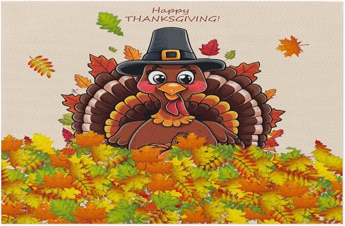 Thanksgiving Leaf Turkey Placemats Set of 1 PVC Vinyl Non Slip Table Mats Heat Resistant Place Mats Washable Wipeable Dining Table Mat for Kitchen Decor Party Indoor Outdoor Decorative Gift