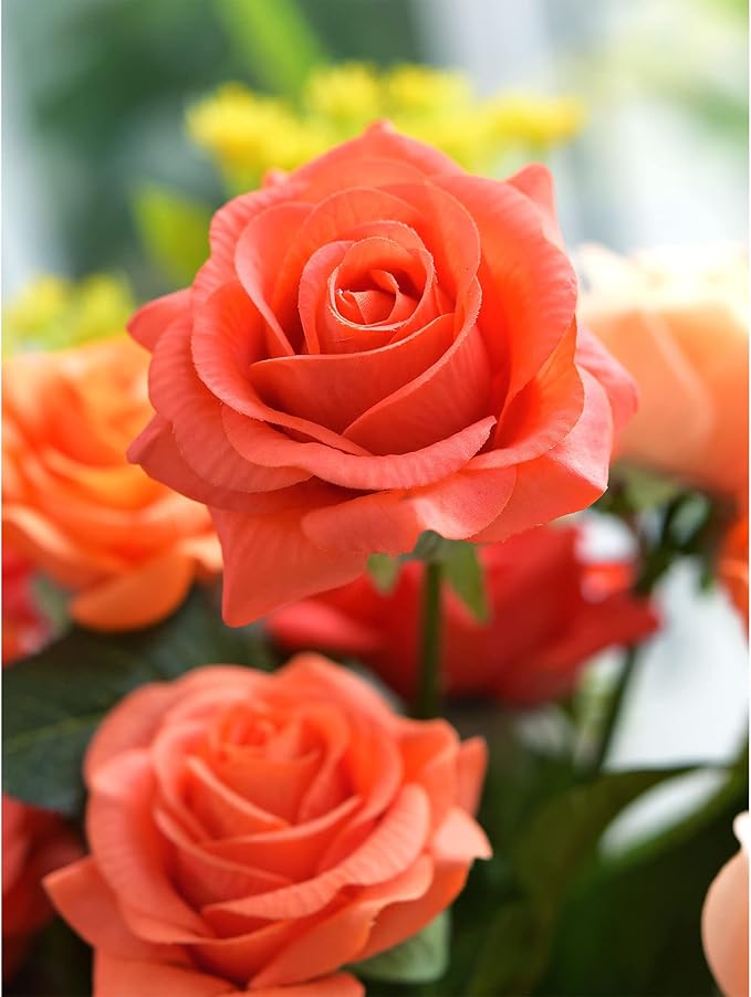 FiveSeasonStuff Coral Orange Artificial Roses Real Touch Silk Flowers with 12 Stems Wedding Bridal Bouquet Home Décor