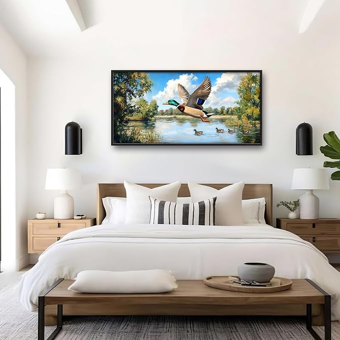 Farmhouse Duck Large Wall Art Framed Rustic Wall Decor for Living Room Lake Duck Hunting Pictures Oversized Canvas Print Painting Modern Extra Large Framed Artwork for Bedroom Office 60"x30"