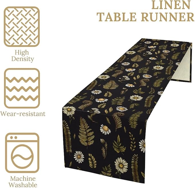 Vintage Daisy Flower Table Runner, Rustic Forest Green Plants Leaves Wild Floral Ferns Print Holiday Kitchen Dining Coffee Table Decoration for Home Indoor Outdoor Party, 13x90inch