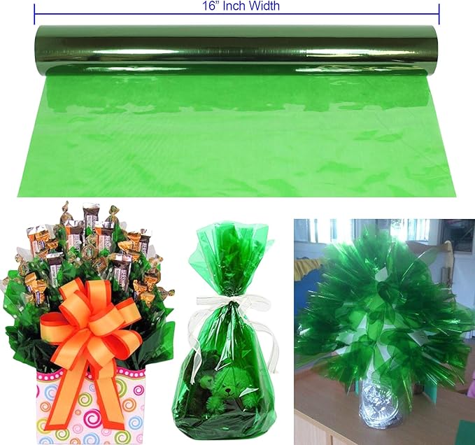 Cellophane Wrap Roll Green | 100’ Ft. Long X 16” in. Wide | 2.3 Mil Thick Transparent Green | Gifts, Baskets, Arts & Crafts, Treats, Cellophane Wrapping Paper | Colorful Cello Christmas, Holiday Color